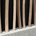 Wooden Slatted Room Divider With Curved Vertical Strips For Interior Partition