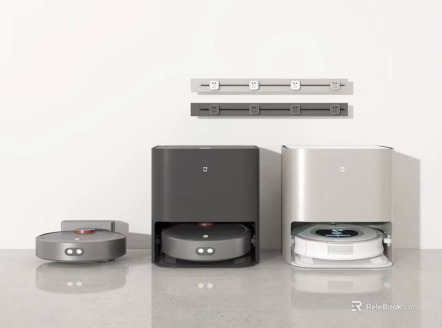 Robot Vacuum Cleaners With Charging Docks In Gray Black Silver On White Wall Gray Countertop 3d model 