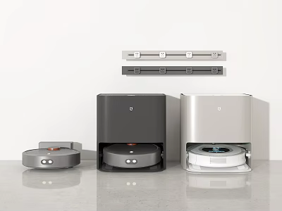 Robot Vacuum Cleaners With Charging Docks In Gray Black Silver On White Wall Gray Countertop 3d model