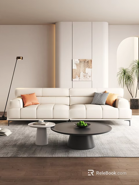 Modern Minimalist White Leather Sofa And Round Coffee Table Combination For Cozy Elegant Living Room 3d model 