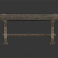 Rustic Wooden Table With Metal Decorative Strips On Tabletop And Sturdy Support Legs
