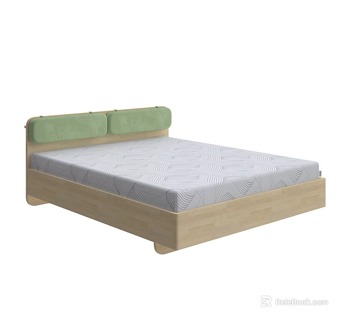 Modern Double Bed With Wooden Frame Green Padded Headboard And Patterned Mattress 3d model