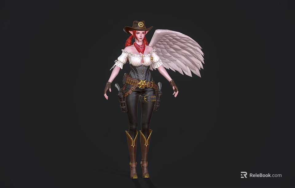 Woman With Red Hair Cowboy Hat White Wings And Stylish Leather Outfit 3d model 