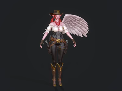 Woman With Red Hair Cowboy Hat White Wings And Stylish Leather Outfit 3d model