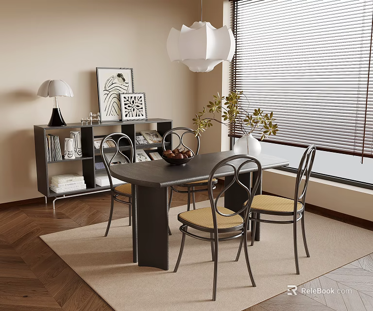 Modern Minimalist Dining Room With Black Table Yellow Chairs Bookshelf Artworks Lamp Blinds And Plant 3d model 