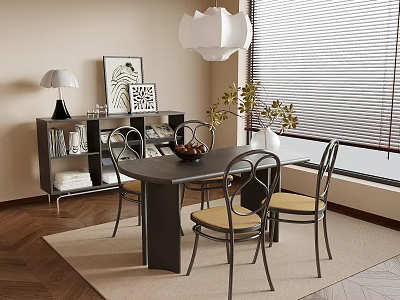 Modern Minimalist Dining Room With Black Table Yellow Chairs Bookshelf Artworks Lamp Blinds And Plant 3d model