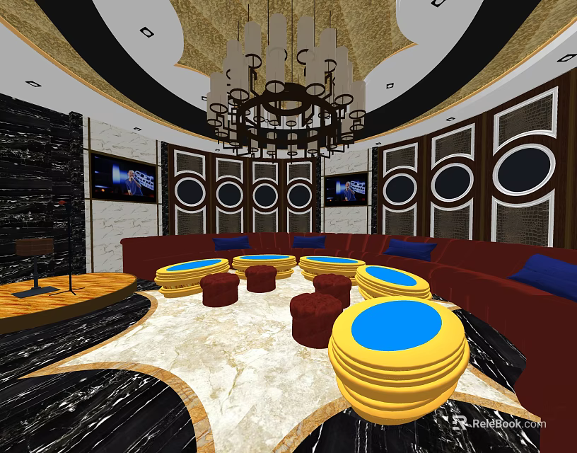 Elegant KTV Lounge Interior With Round Sofas Yellow Tables Chandelier And Circular Wall Decor 3d model 