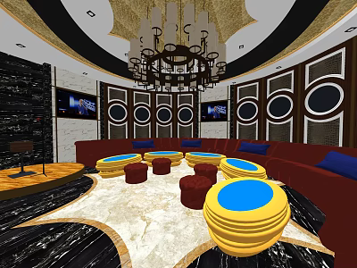 Elegant KTV Lounge Interior With Round Sofas Yellow Tables Chandelier And Circular Wall Decor 3d model