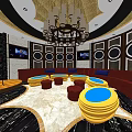 Elegant KTV Lounge Interior With Round Sofas Yellow Tables Chandelier And Circular Wall Decor