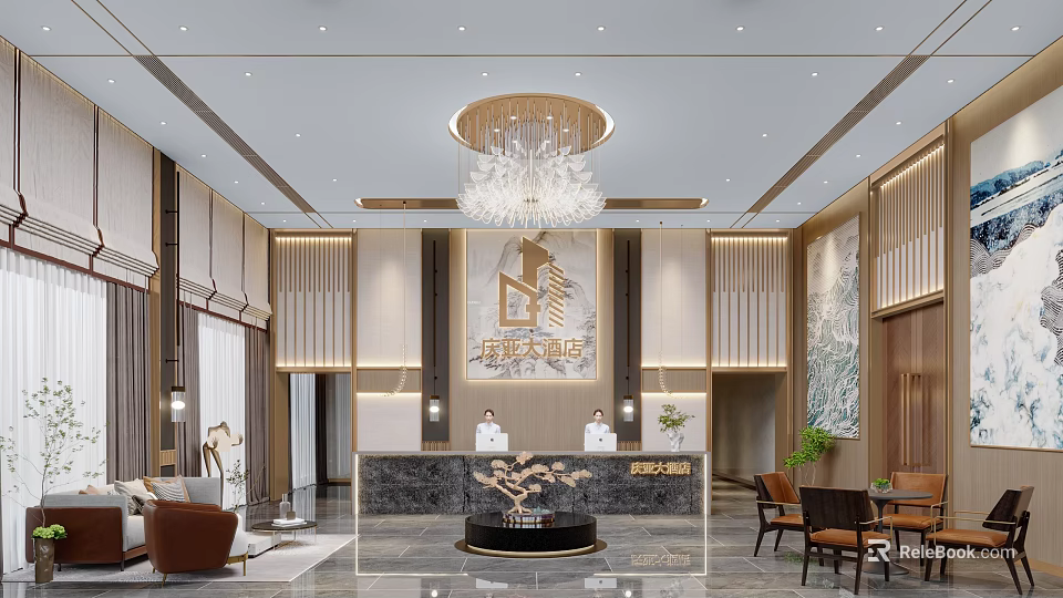 Luxurious Modern Hotel Lobby With Crystal Chandelier Elegant Reception Desk And Comfortable Sofa Area 3d model 