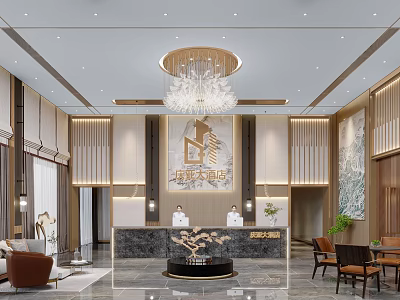 Luxurious Modern Hotel Lobby With Crystal Chandelier Elegant Reception Desk And Comfortable Sofa Area 3d model