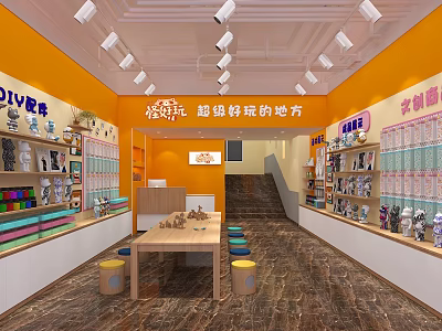 Toy Store With Various Dolls Shelves Display Cabinets Tables Stools Orange Walls And White Ceiling 3d model