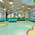 Vibrant Shop Reception Area with Blue Chairs Green Walls and Moon Star Ceiling
