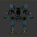 Blue Mech Character With Mechanical Armor And Dual Weapons Standing In Dark Background