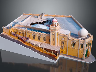 Detailed Architectural Model of Yellow Building Featuring Dome Tower and Arched Windows 3d model