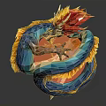 Polygonal Dragon Artwork With Coiled Blue Body Yellow Red Mane And Orange Circular Background
