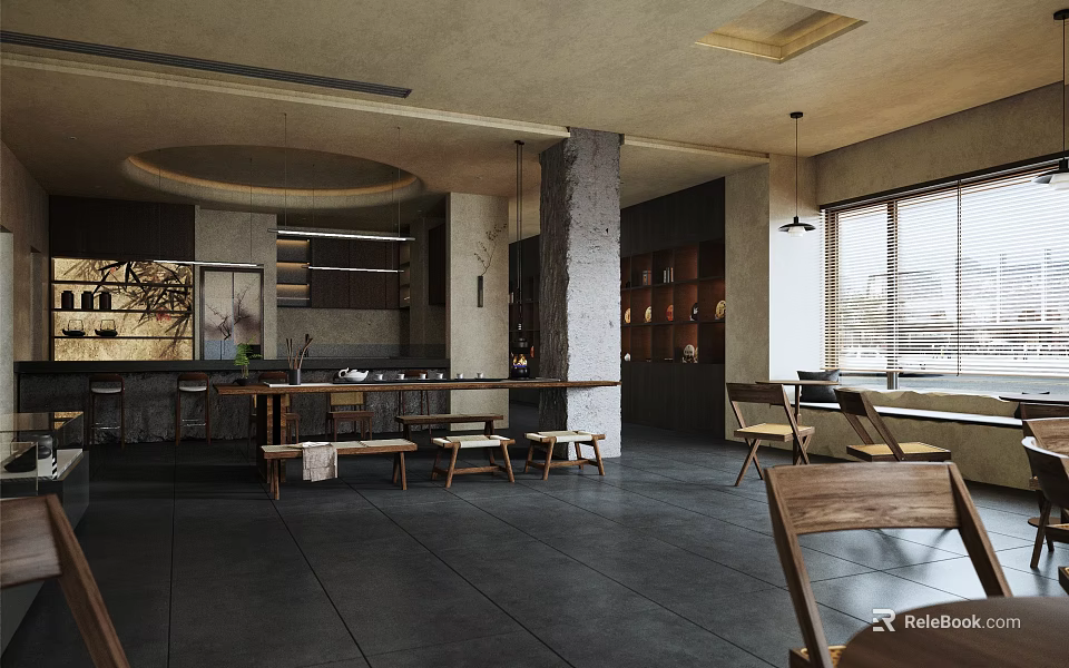 Modern Teahouse Interior Design With Open Space Wooden Tables And Pendant Lights 3d model 