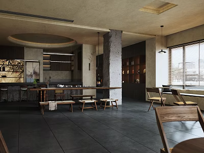 Modern Teahouse Interior Design With Open Space Wooden Tables And Pendant Lights 3d model