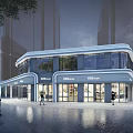 Modern Commercial Street With Glass Facades Lighting Shops And High Rise Buildings
