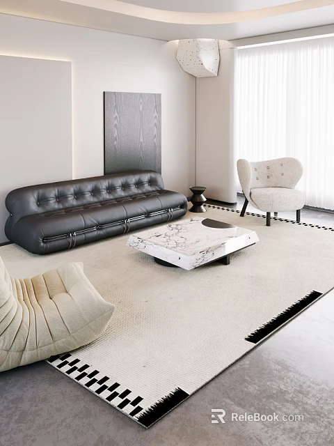 Modern Living Room Interior With Leather Sofa Beige Armchair And Marble Coffee Table 3d model 