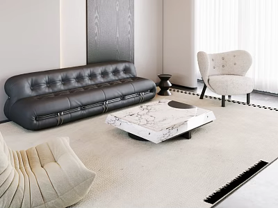 Modern Living Room Interior With Leather Sofa Beige Armchair And Marble Coffee Table 3d model