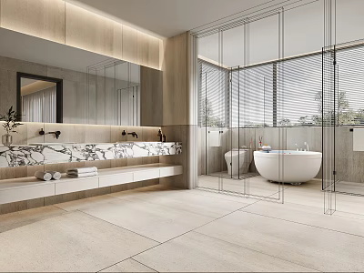 Modern Bathroom Interior Design With Freestanding Bathtub Double Vanity Large Mirror And Natural Light 3d model