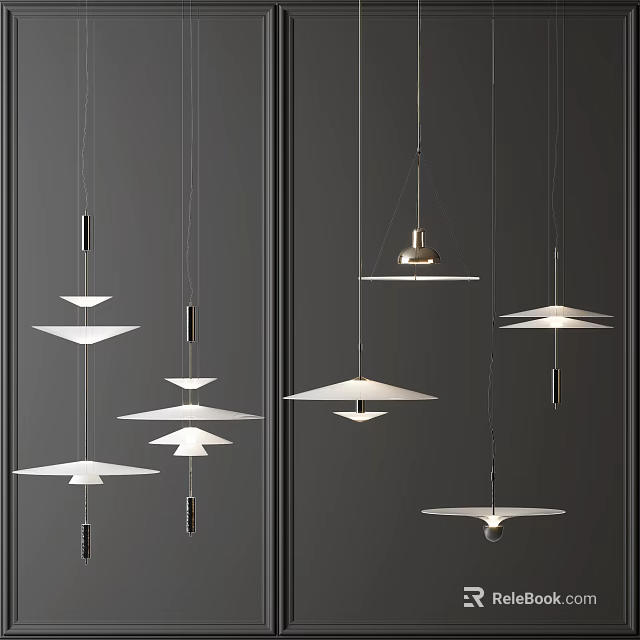 Modern Geometric Pendant Lights Hanging With White Shades On Dark Background 3d model 