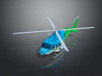 Blue and Green Helicopter with White Rotors and Reflective Body Surface Design 3d model