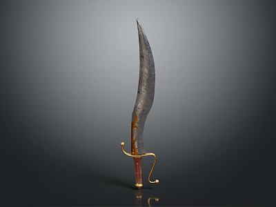 Curved Sword with Sharp Bladed Edge Golden Ornate Hilt and Red Wooden Handle 3d model