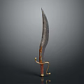 Curved Sword with Sharp Bladed Edge Golden Ornate Hilt and Red Wooden Handle