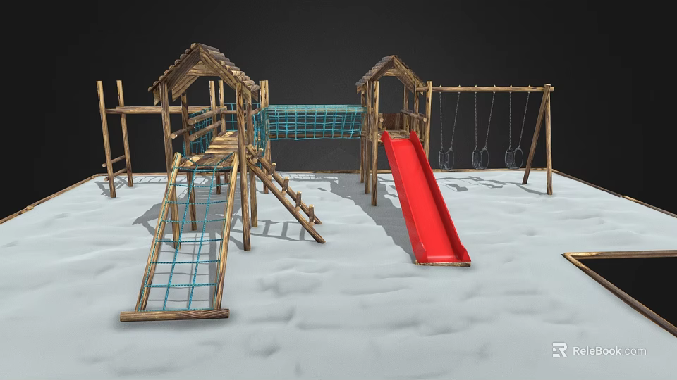 Wooden Playground Equipment with Red Slide Swings Climbing Net and Platforms 3d model 