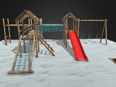 Wooden Playground Equipment with Red Slide Swings Climbing Net and Platforms 3d model