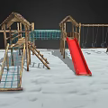 Wooden Playground Equipment with Red Slide Swings Climbing Net and Platforms