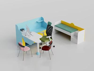 Colorful Blue Office Desk with Computer Monitor Multi Colored Chairs and Yellow Cushioned Bench 3d model
