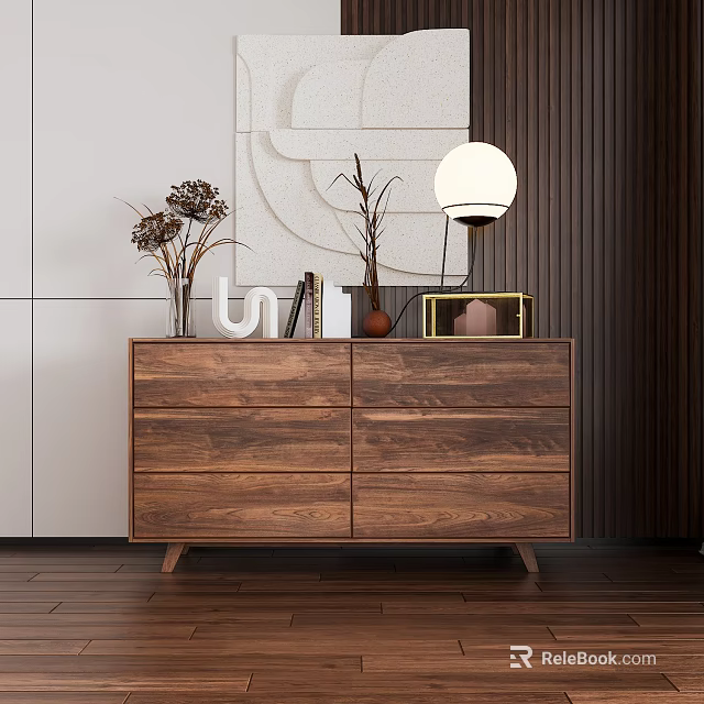 Modern Wooden Sideboard With Decorative Vases Books And Round Lamp In Living Room 3d model 