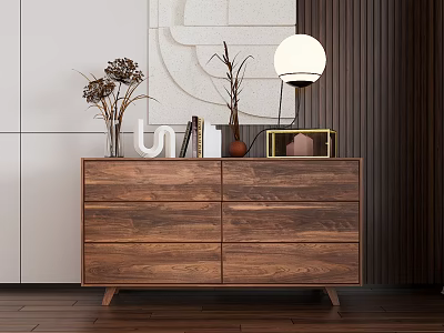Modern Wooden Sideboard With Decorative Vases Books And Round Lamp In Living Room 3d model