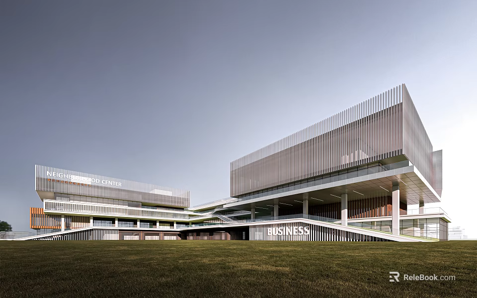Sleek Modern Office Building Featuring Glass Curtain Wall Metal Framing and Green Lawn 3d model 
