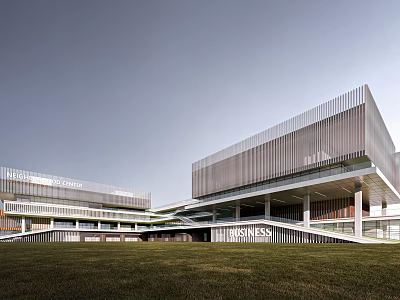 Sleek Modern Office Building Featuring Glass Curtain Wall Metal Framing and Green Lawn 3d model