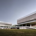 Sleek Modern Office Building Featuring Glass Curtain Wall Metal Framing and Green Lawn