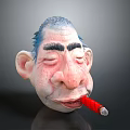 Cartoon 3D Character Head With Blue Short Hair Closed Eyes Big Ears And Red Cigar
