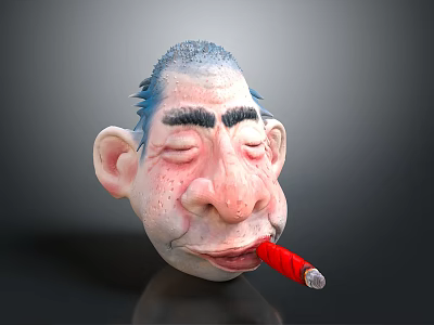Cartoon 3D Character Head With Blue Short Hair Closed Eyes Big Ears And Red Cigar 3d model