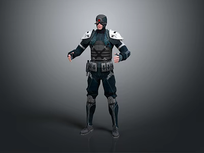 Detailed 3D Armored Character In Tactical Combat Suit With Helmet And Red Glowing Eyes 3d model