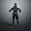 Detailed 3D Armored Character In Tactical Combat Suit With Helmet And Red Glowing Eyes