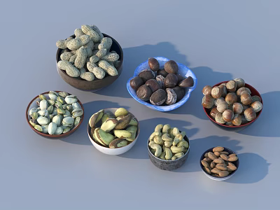 Different Types of Nuts Arranged in Multiple Small Bowls on 3d model