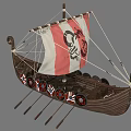 Viking Style Wooden Ship With Red And White Sail Black Pattern Oars And Shields