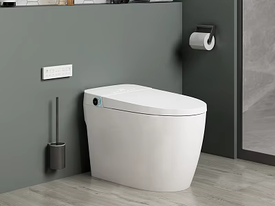Modern White Smart Toilet In Bathroom With Gray Wall Wooden Floor And Toilet Accessories 3d model