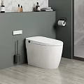 Modern White Smart Toilet In Bathroom With Gray Wall Wooden Floor And Toilet Accessories