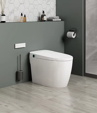 Modern White Smart Toilet In Bathroom With Gray Wall Wooden Floor And Toilet Accessories 3d model