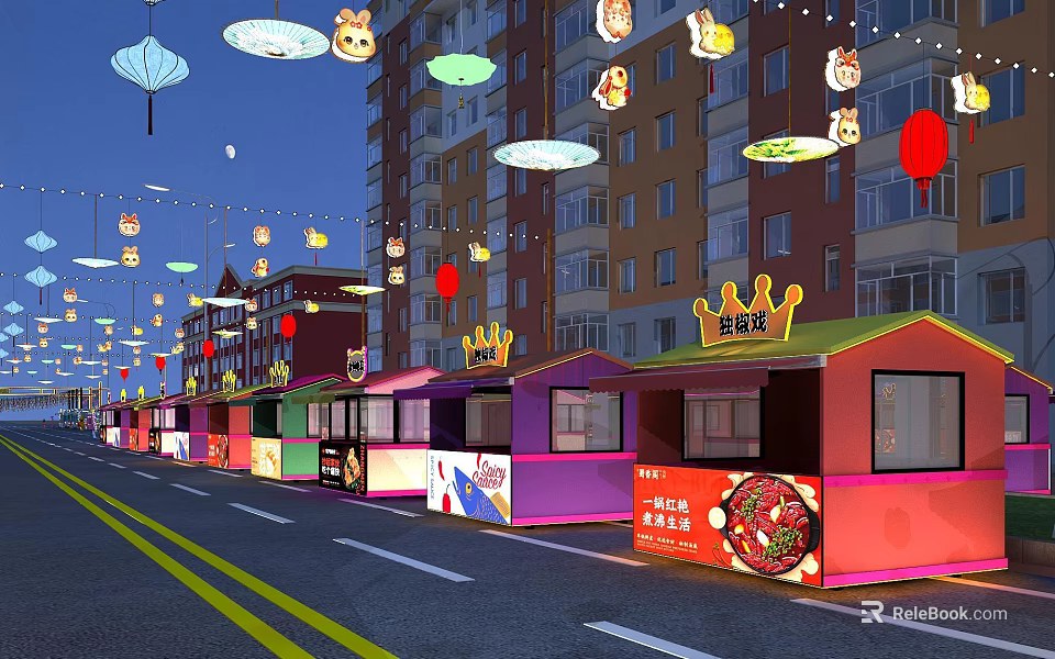 Colorful Furniture Stalls With Cartoon Patterns And Red Lanterns Along Residential Street 3d model 