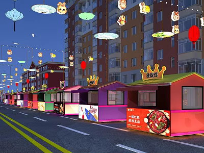 Colorful Furniture Stalls With Cartoon Patterns And Red Lanterns Along Residential Street 3d model
